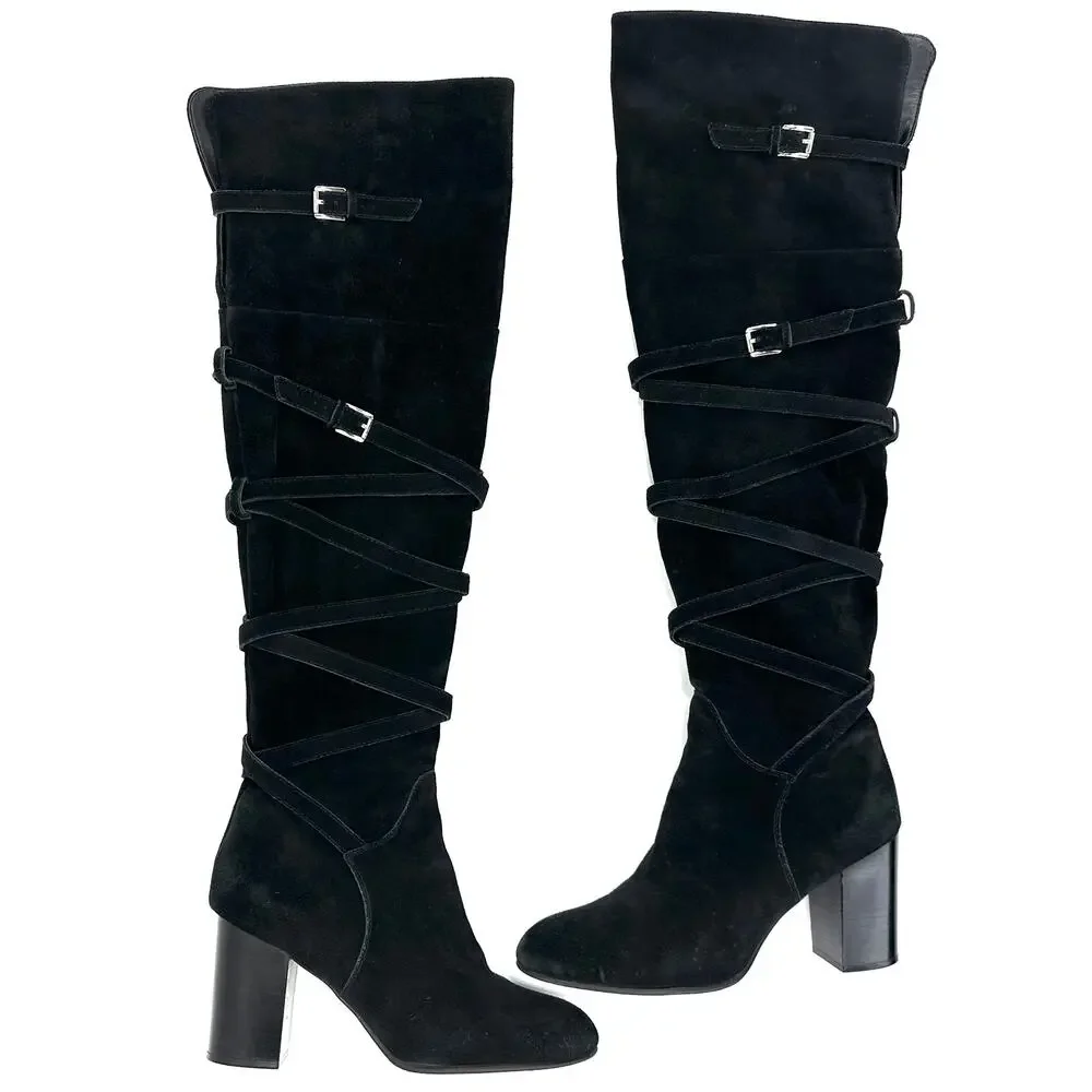 Sam Edelman Sable Black Over-The-Knee Boot Sz 9.5 Suede Heeled Adjustable Straps